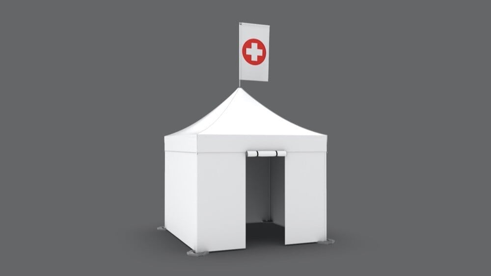 White 10x10 medical popup treatment tent with roll up entryway and custom printed peak flag