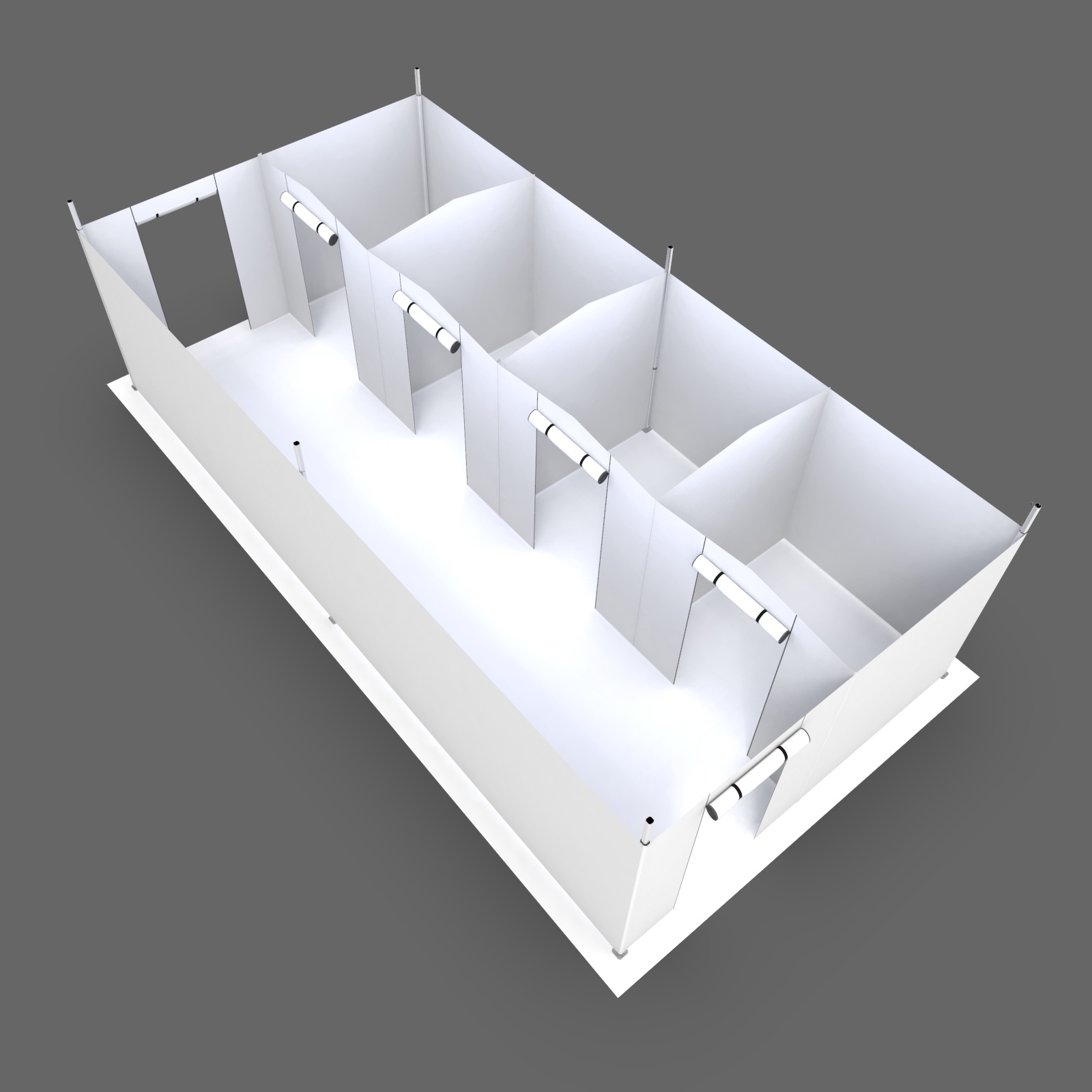 inside view of a white 13x26 flat-roof medical hospital tent with four separate rooms, used for coronavirus