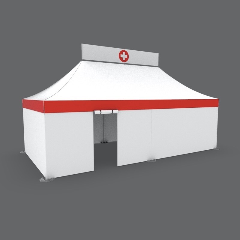 Custom printed white 13x26 medical tent with roll up door