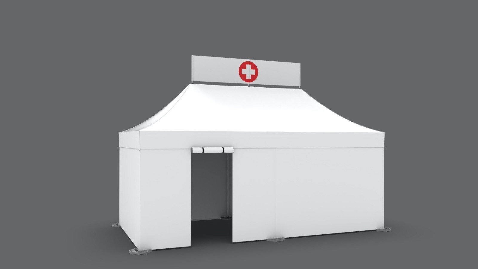 White 10x20 medical tent with roll-up door and custom peak banner with a red cross