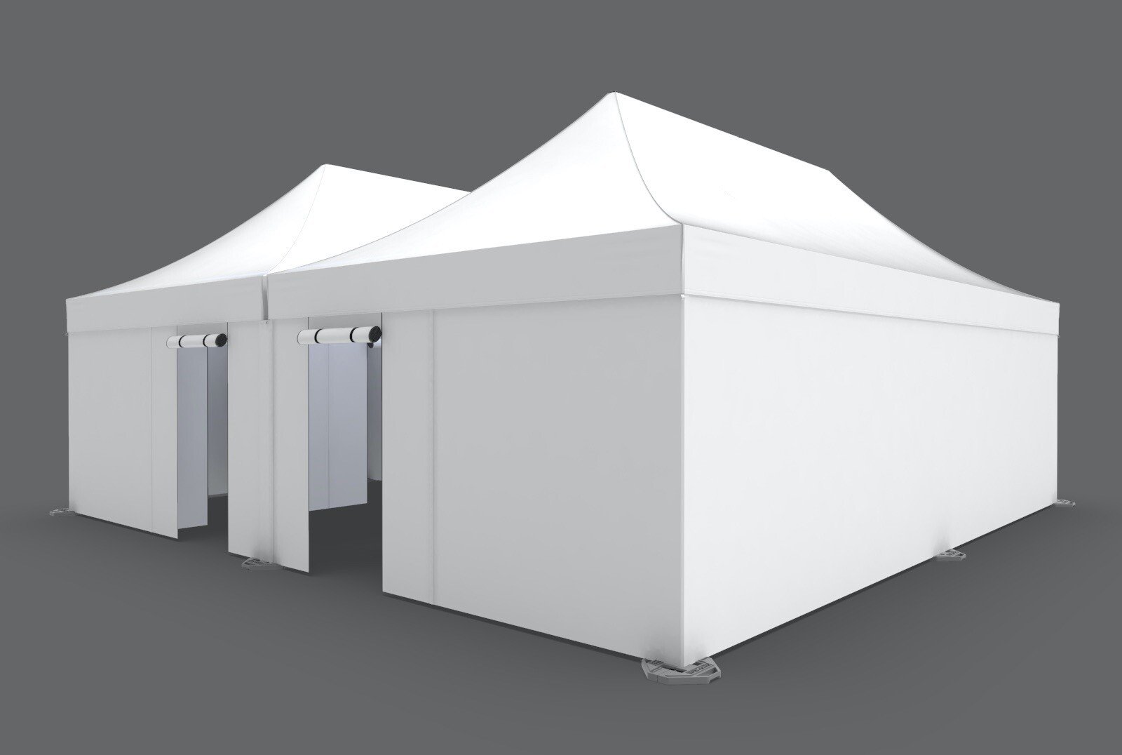outside view of a white, two-entrance, eight-room infirmary tent