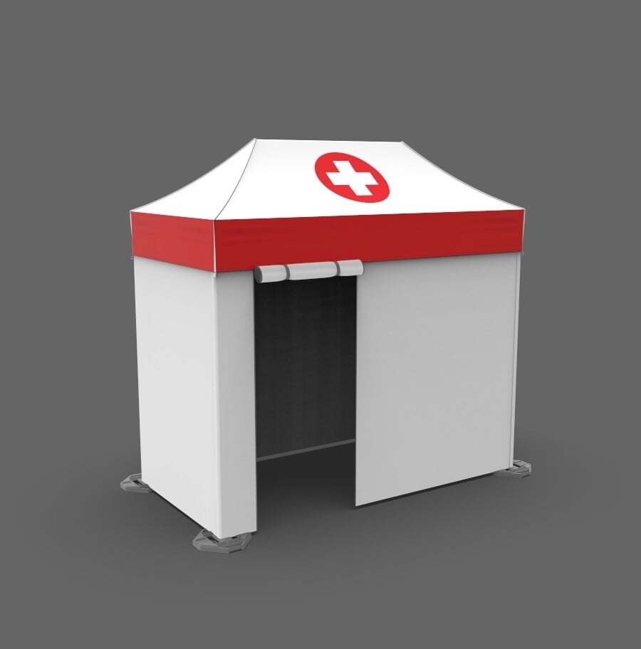 White and red 5x10 triage and temperature check pop-up tent with roll up door