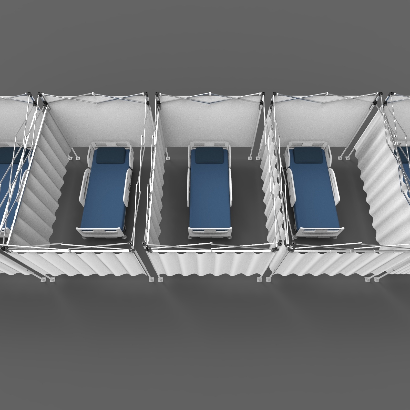 Hospital beds in separate rooms created with a hospital partition system
