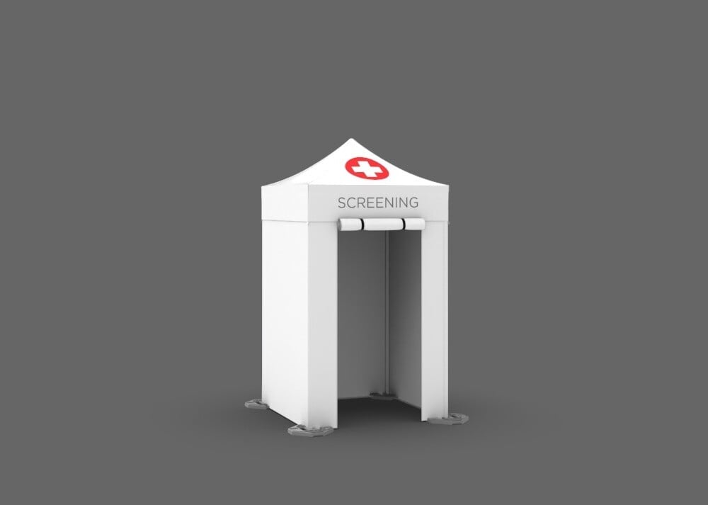 Custom printed white mobile 5x5 tent that reads screening and has a red cross on the roof
