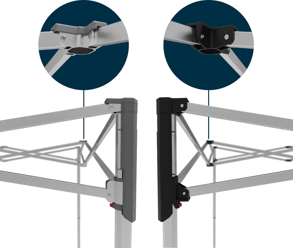 Close-up comparison of medium duty and heavy duty pop up tent frames