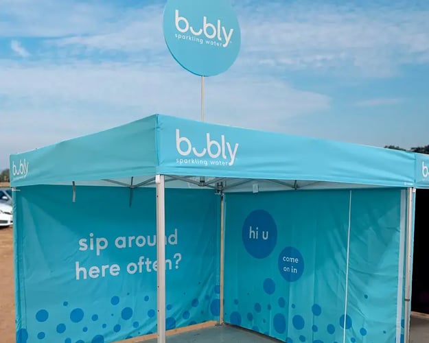 10x10 pop up tent with flat roof customized for bubly experiential program