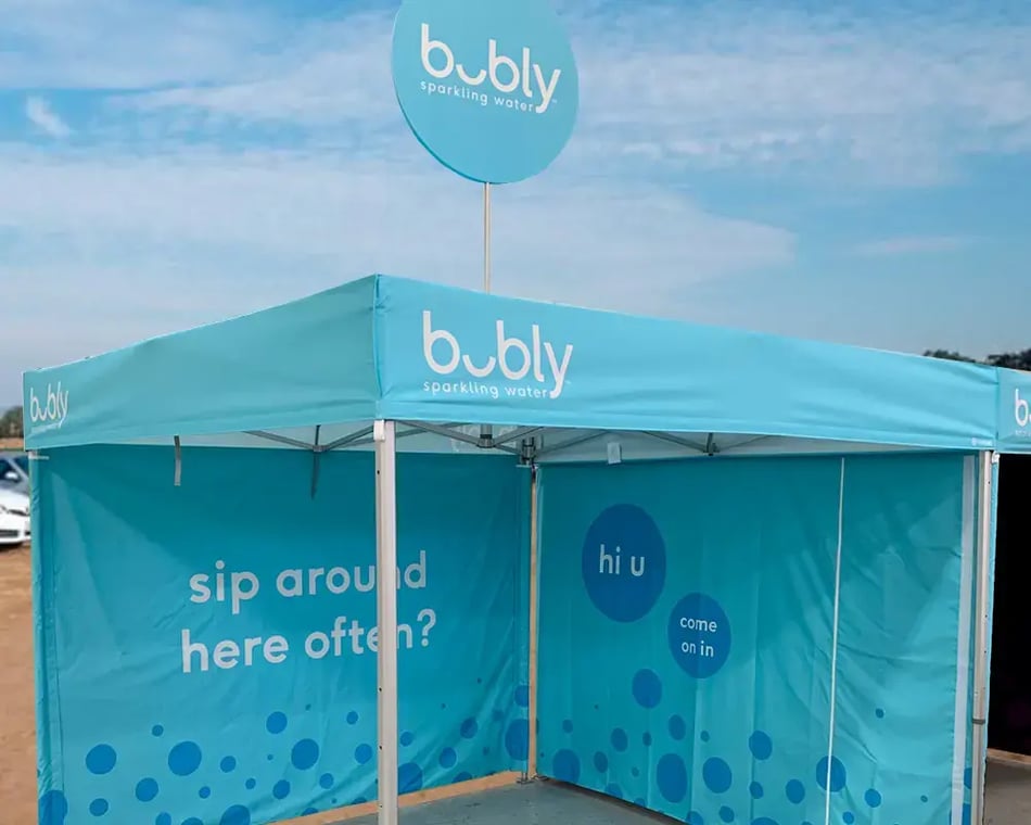 10x10 pop up tent with flat roof customized for bubly experiential program