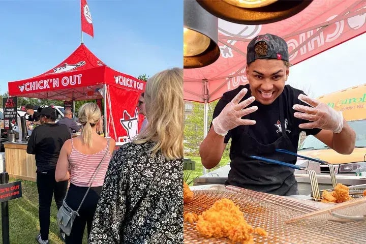 A 10x10 heavy-duty pop-up tent for Chick n' Out concessions sales.
