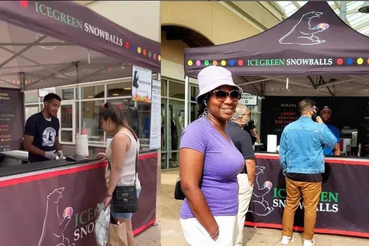 A heavy-duty 10x10 pop-up tent for a mobile Shaved Ice business.