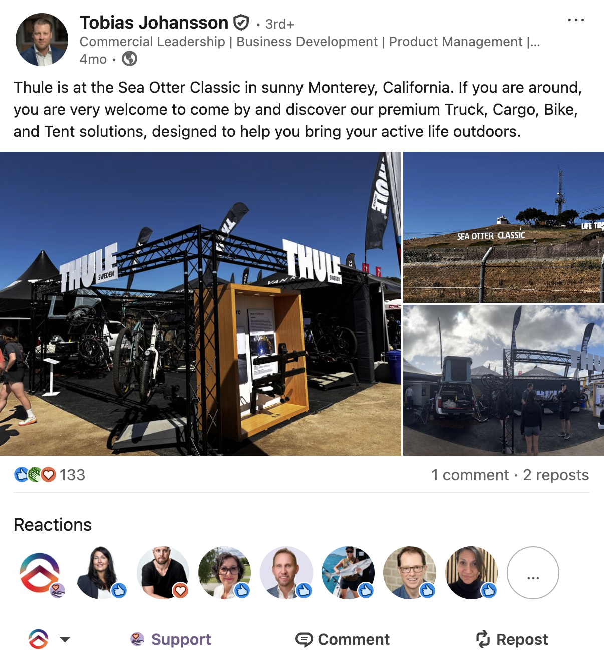 Tobias Johansson's LinkedIn Post About Thule's Presence at Sea Otter 2026