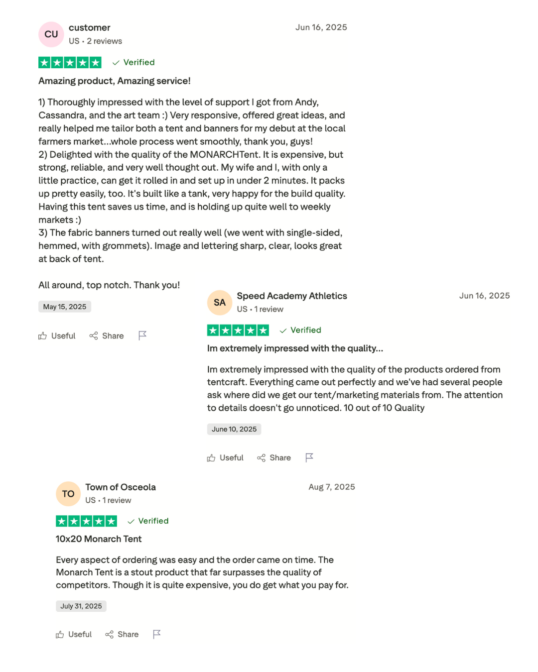 Customer Product Reviews For TentCraft