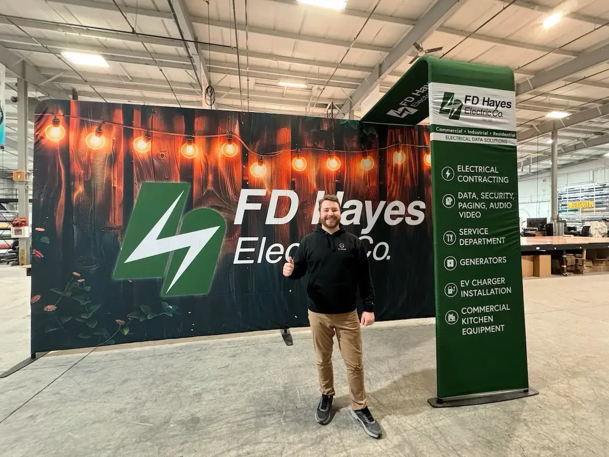 The Media backdrop and arch for FD Hayes Electric on the TentCraft production floor