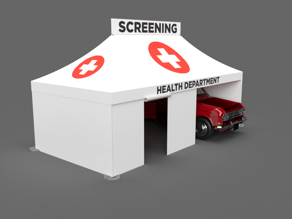 A red truck inside of a medical drive-thru screening tent