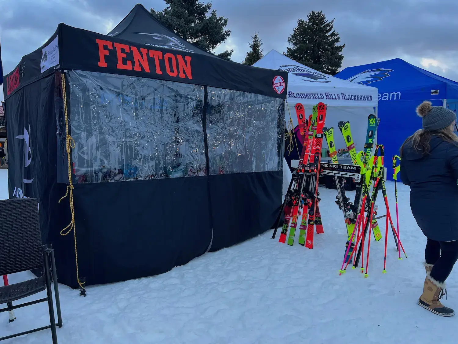 A window wall for a custom pop-up tent in the winter time.