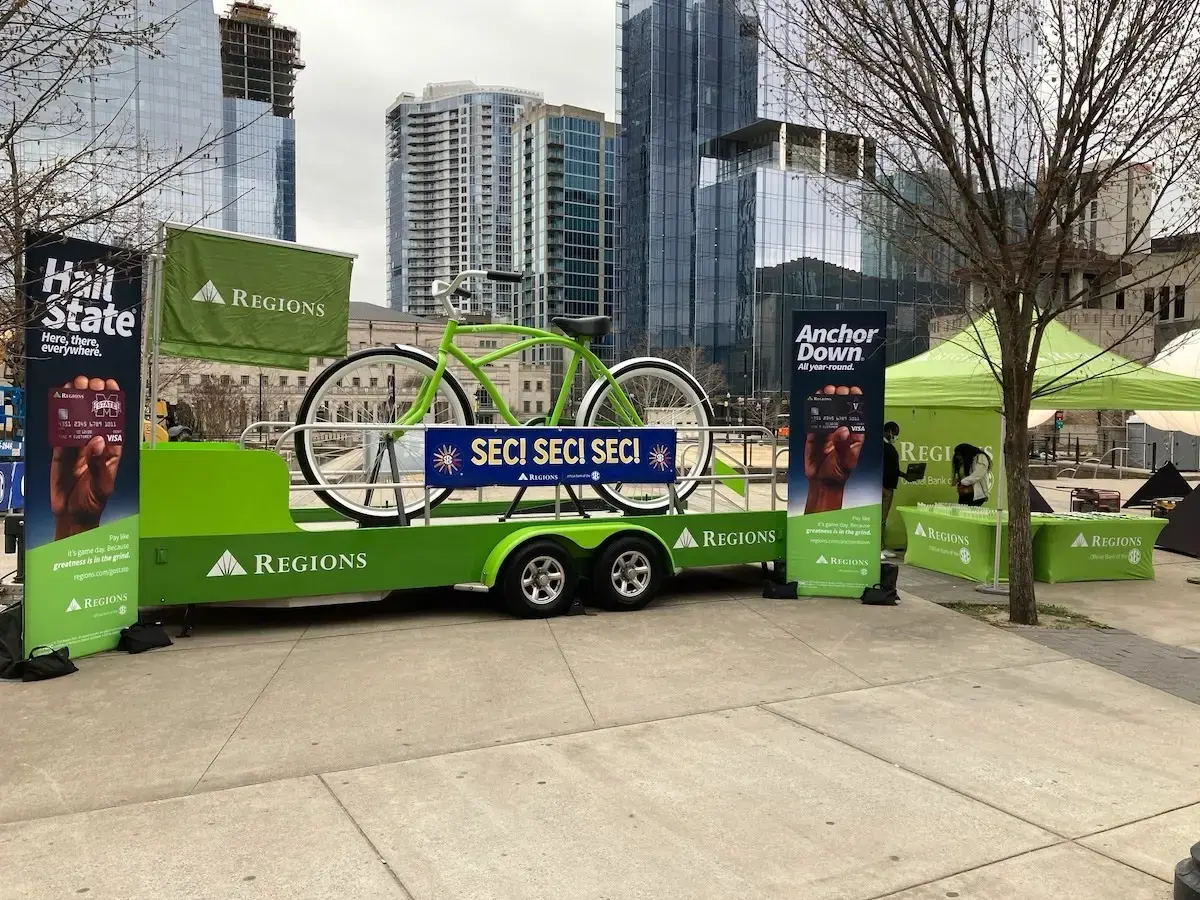 A variety of custom banners for an outdoor event activation