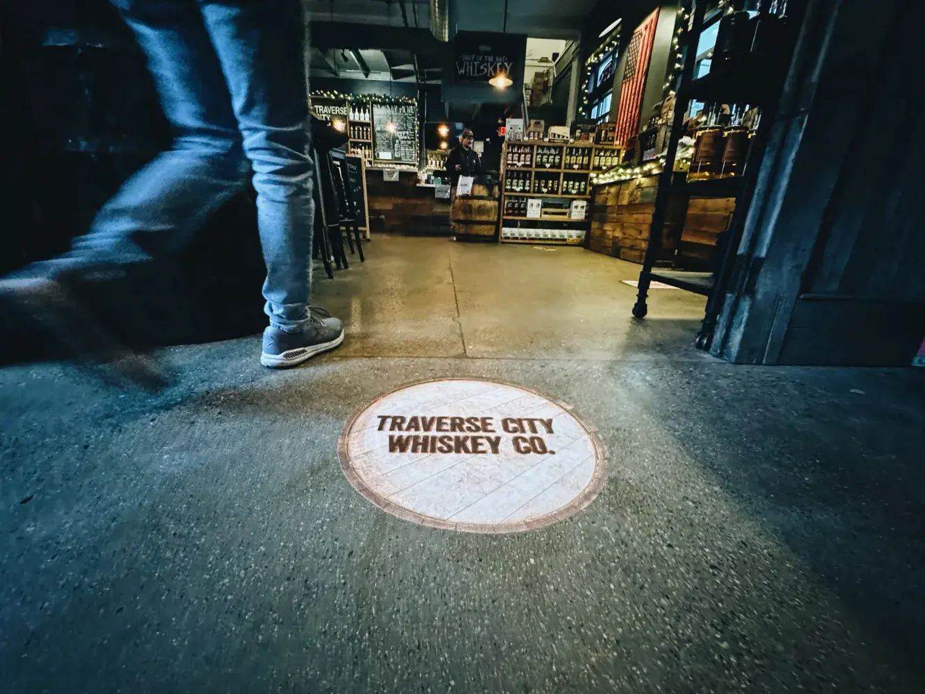 A custom floor decal for Traverse City Whiskey