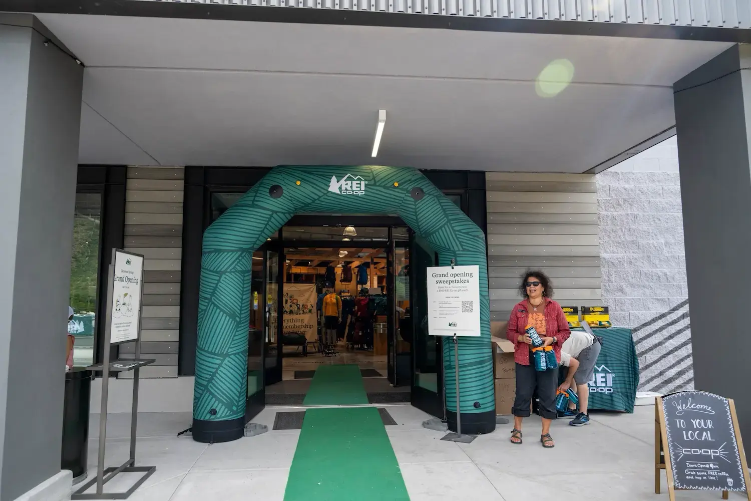 An inflatable arch used for an REI store opening