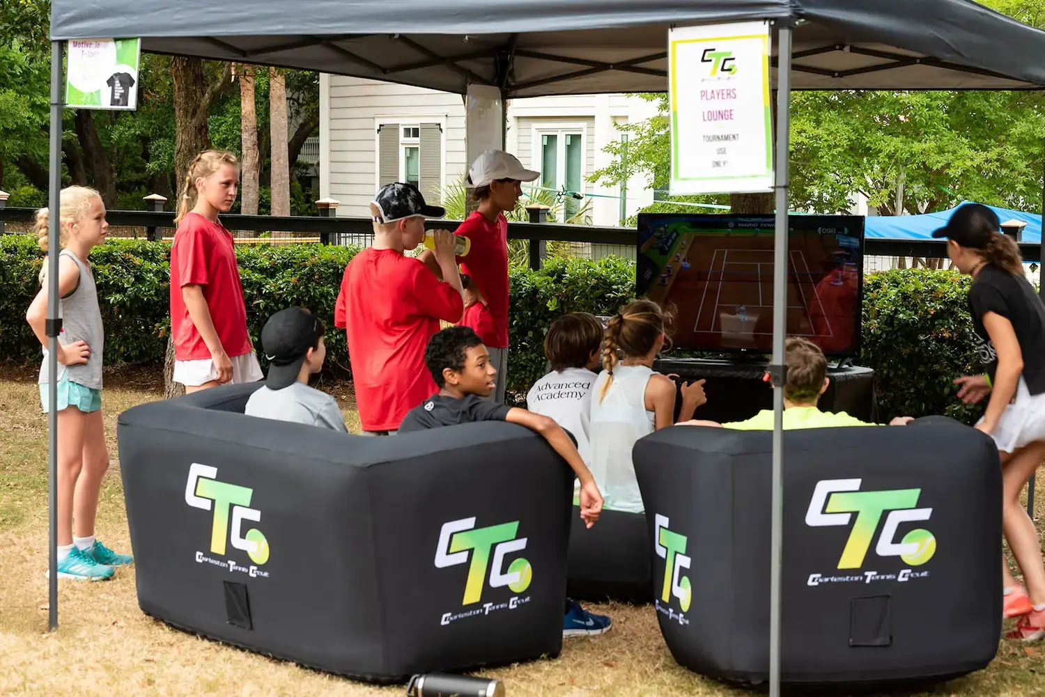 Inflatable sofas and chairs for an outdoor video game activation.